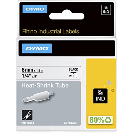 Cinta para DYMO RHINO 18055 - 1/2" x 1.5m - Tubo termoretractil Fondo Blanco Letras Negras
