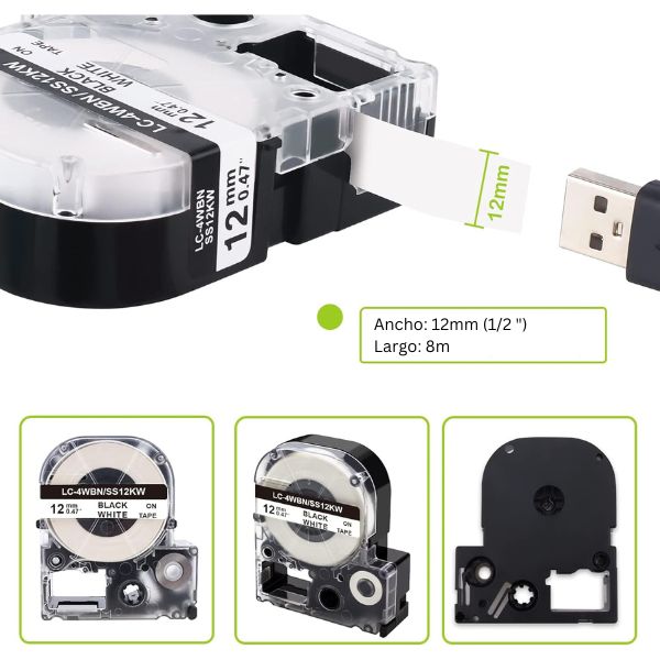 Cinta Etiquetadora LC-4WBN Epson 12mm Negro en Blanco ancho