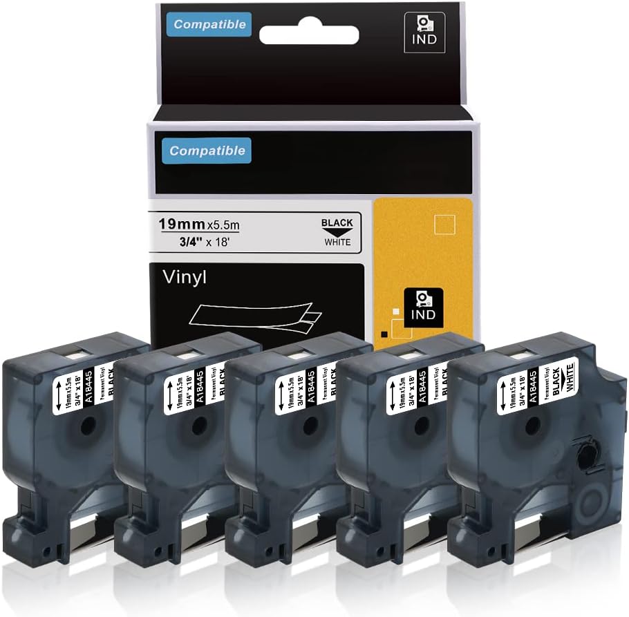 Cinta 18445 19mm Negro sobre Blanco Vinil Compatible Rotuladora Dymo Rhino 4200, 5200 NeoLabel Pack x5, Empaque