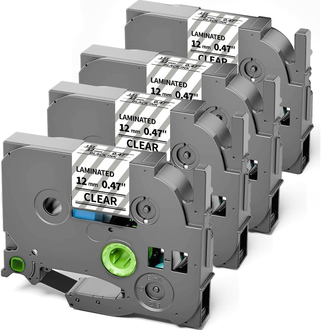 Pack 4 cintas compatibles Brother TZe-131 KZe-131 12mm negro transparente NeoLabel rotuladora PT-H110 hogar oficina