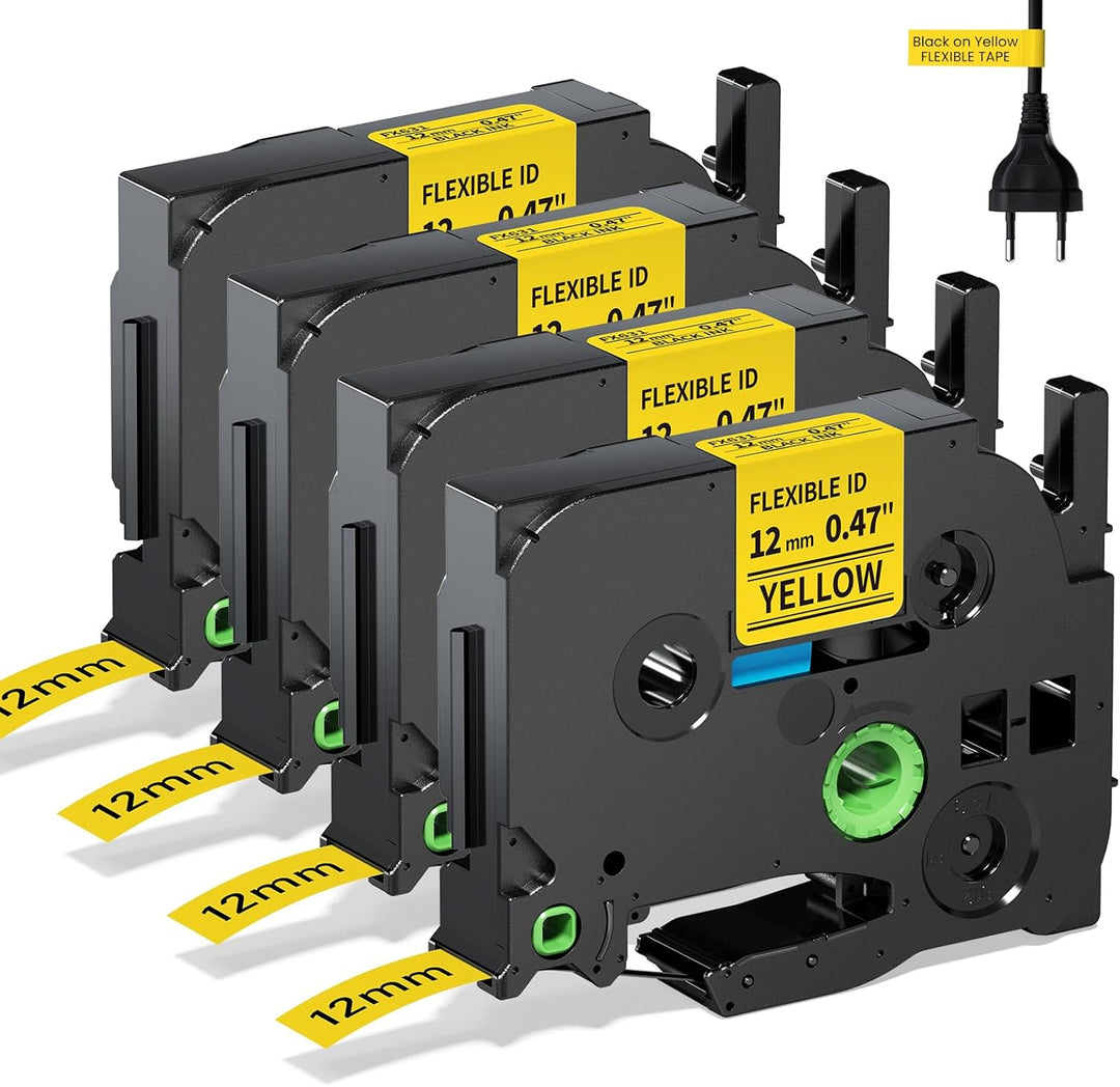 Cinta compatible TZE-FX631 KZE-FX631 12mm Negro sobre Amarillo Flexible ID Plástico para rotuladora Brother PT-H110, PT-E110, PT-E310, E1000 Pro, PT-D210 - NeoLabel