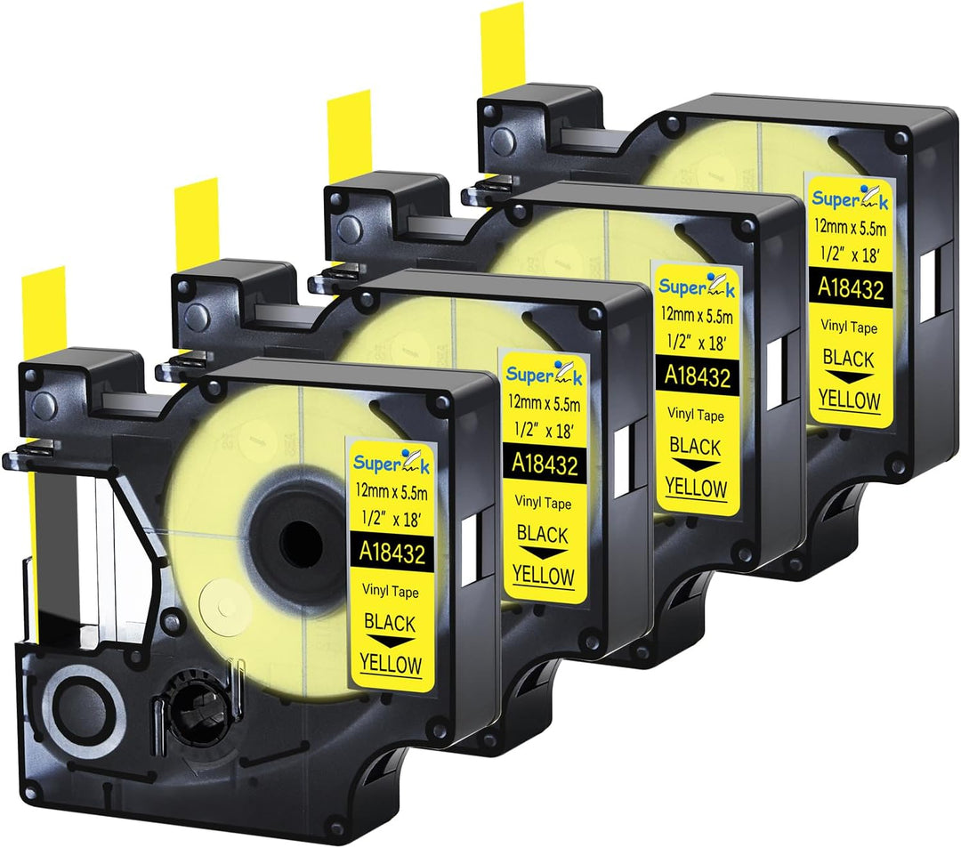 Cinta compatible 18432 KZ-18432 12mm Negro sobre Amarillo Vinilo para rotuladora Dymo Rhino 5200, Rhino 6000, Rhino 6500, Rhino 5000 Series - NeoLabel