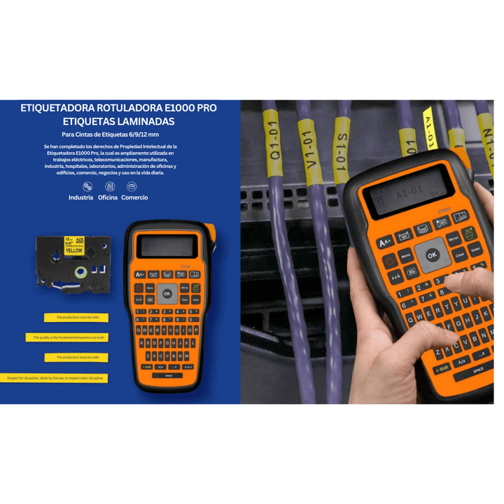 Etiquetadora Rotuladora Portatil Impresora Etiquetas E1000 Pro Cableado, Redes, Industrial Etiquetas Laminadas