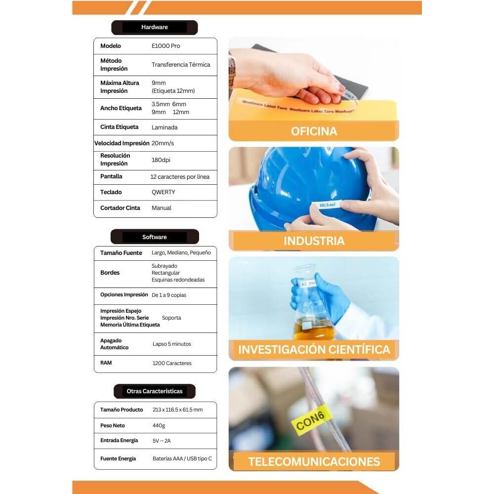 Etiquetadora Rotuladora Portatil Impresora Etiquetas E1000 Pro Cableado, Redes, Industrial Especificaciones Técnicas