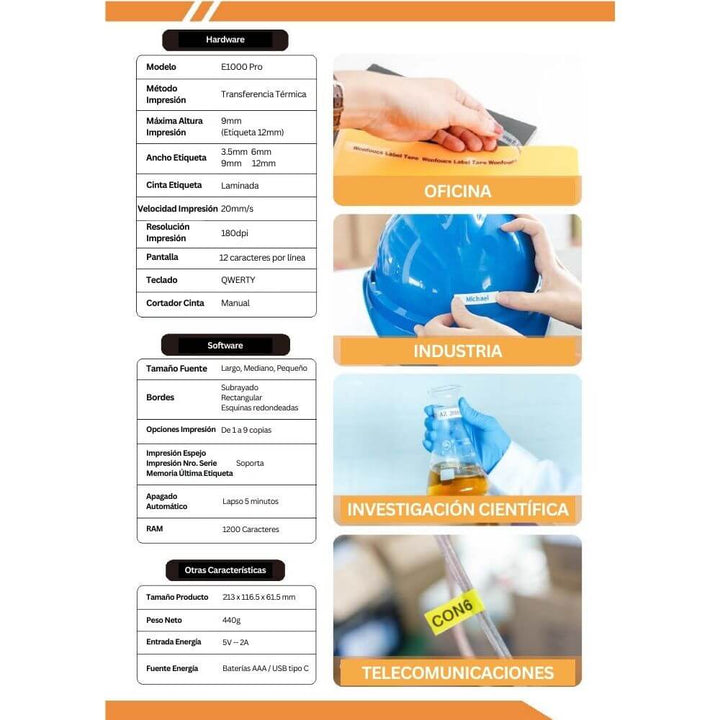 Etiquetadora Rotuladora Portatil Impresora Etiquetas E1000 Pro Cableado, Redes, Industrial Especificaciones Técnicas