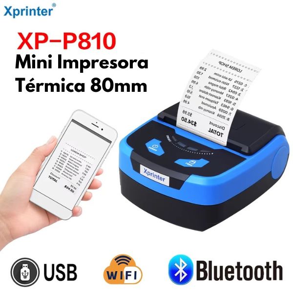 Mini Impresora Térmica Portátil 80 mm Ticketera Xprinter XP-P810 wifi, Bluetooth, USB