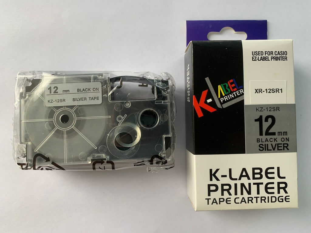 Cinta XR-12SR1 - KZ-12SR Fondo Plomo Letras Negras - 12mm para Rotuladora Casio Label It Series