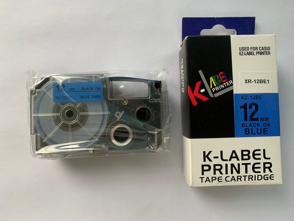 Casio XR-12BE1 - KZ-12BE Fondo Azul Letras Negras - 12mm para Rotuladora Casio Label It Series