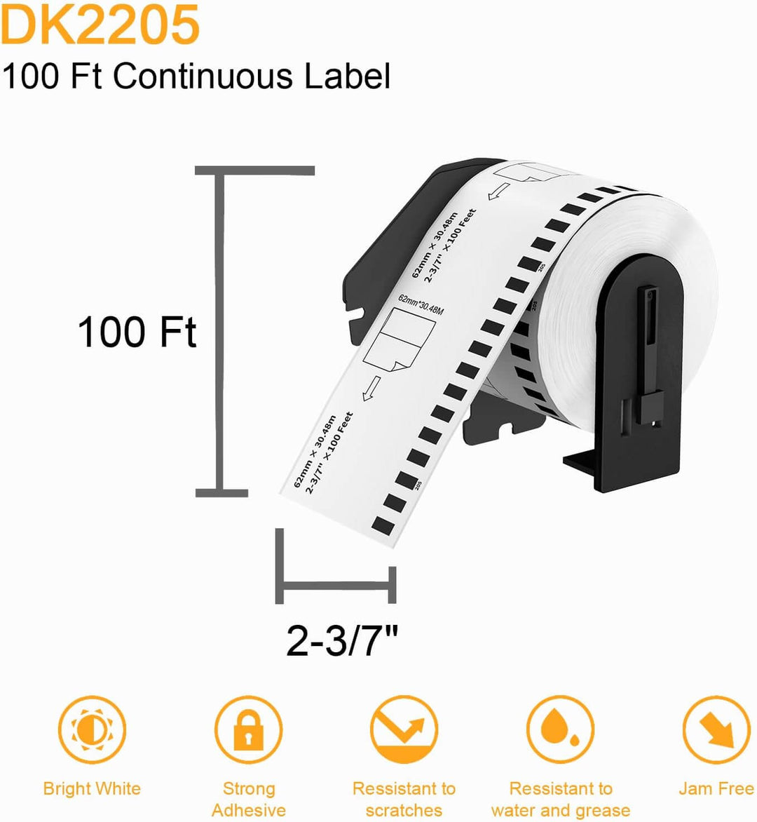 DK-2205 62mm x 30.4m Negro sobre Blanco Continuo | Etiqueta Compatible Brother QL | NeoLabel