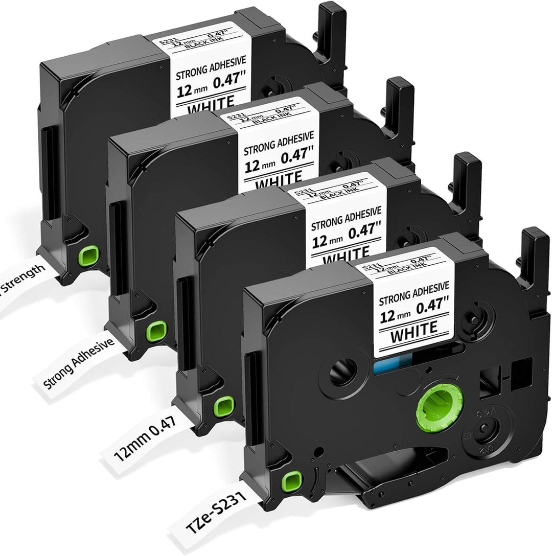 TZe-S231 / KZe-S231 12mm Pegamento Industrial Negro sobre Blanco | Cinta Compatible Brother P-Touch | NeoLabel