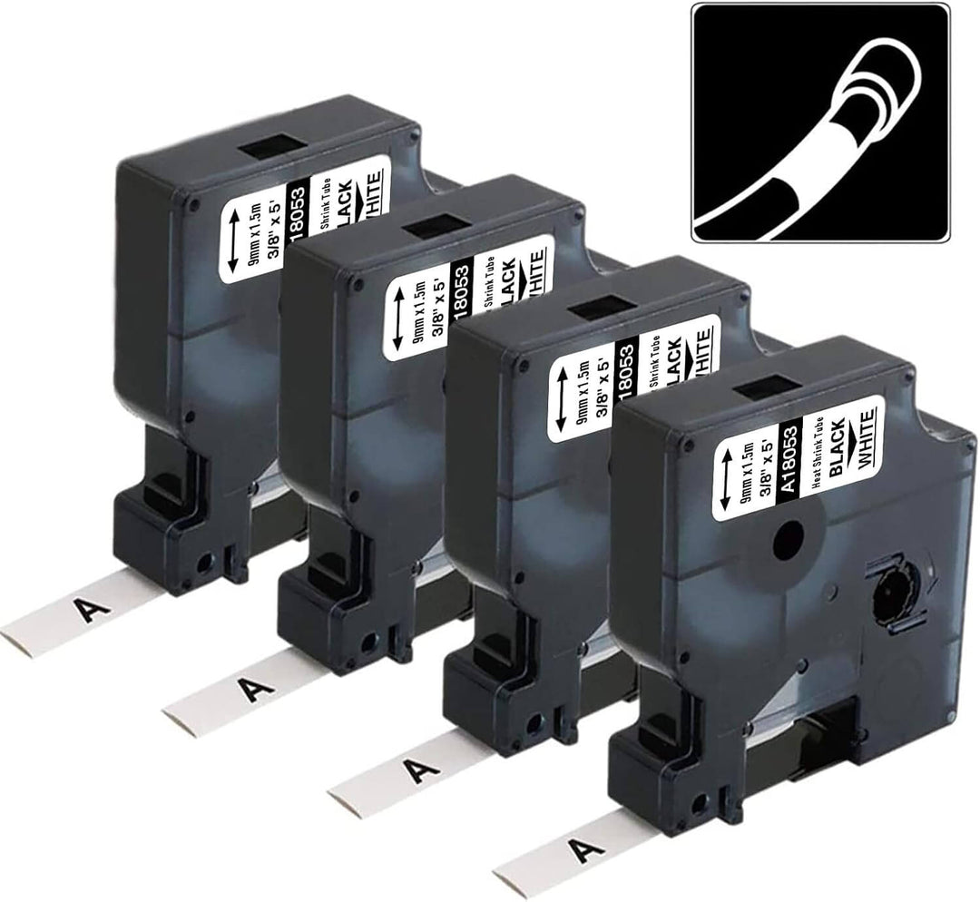 18053 / KZ-18053 9mm (3/8") Negro sobre Blanco Termocontraíble | Cinta Compatible Dymo Rhino | NeoLabel