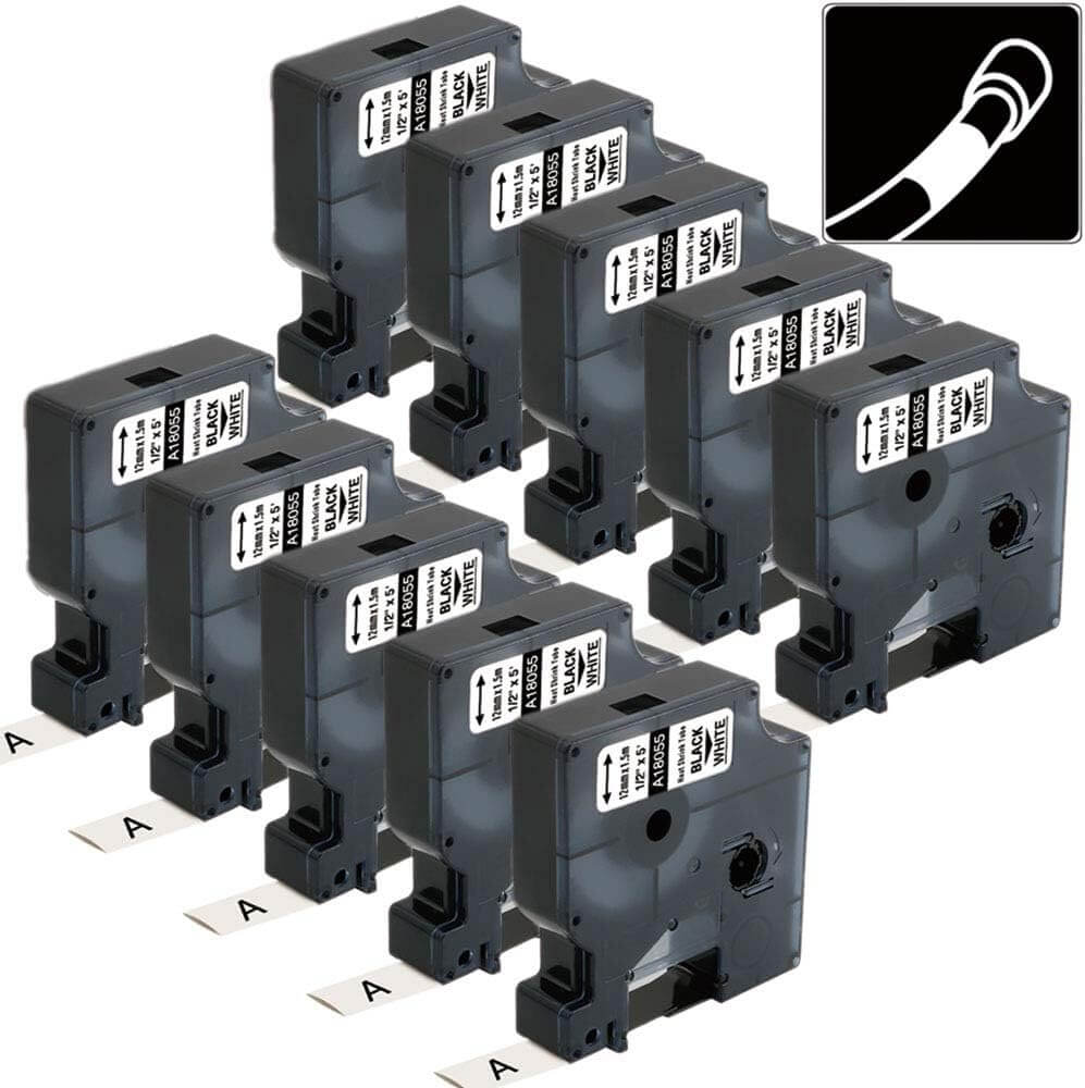18055 / KZ-18055 12mm (1/2") Negro sobre Blanco Termocontraíble | Cinta Compatible Dymo Rhino | NeoLabel