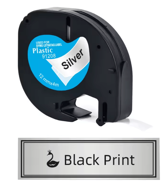91208 / 91338 / KZ-91338 12mm (1/2") Negro sobre Plateado Metálico Plástica | Cinta Compatible Dymo LetraTag | NeoLabel