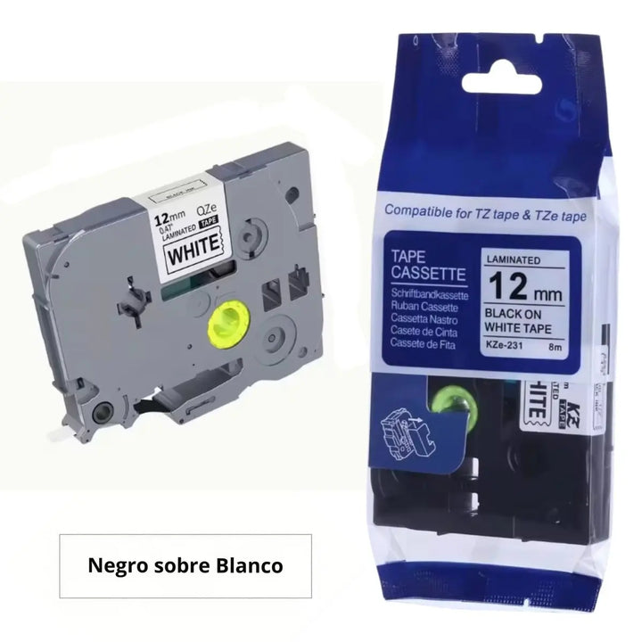 Cartucho de cinta compatible TZe-231 de 12 mm con empaque, negro sobre blanco, listo para rotuladoras Brother P-Touch.