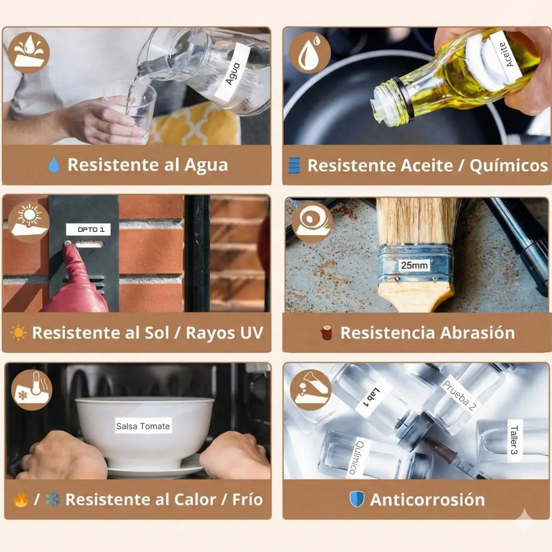 Infografía técnica de la cinta compatible TZe-231 mostrando resistencia al frío, calor, agua, químicos, abrasión, sol/UV y adhesivo fuerte.