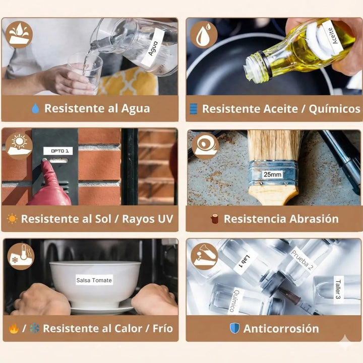 Infografía técnica de la cinta compatible TZe-231 mostrando resistencia al frío, calor, agua, químicos, abrasión, sol/UV y adhesivo fuerte.