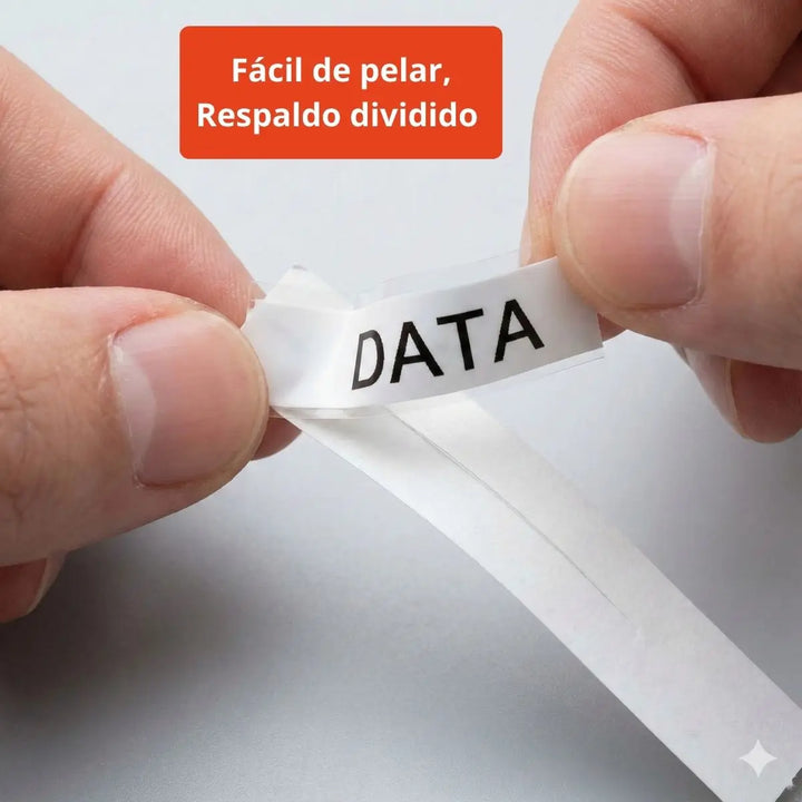 Detalle del pelado rápido Split-Back en cinta compatible TZe-231 de 12 mm para fácil aplicación en cables y equipos.