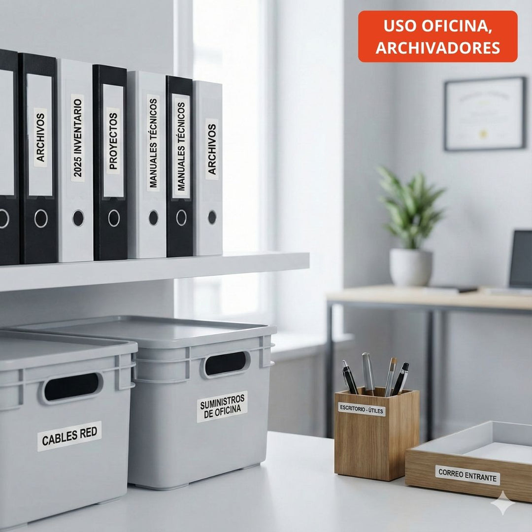 Cinta compatible TZe-231 de 12 mm usada para etiquetar archivadores y cajas en un entorno de oficina corporativa.