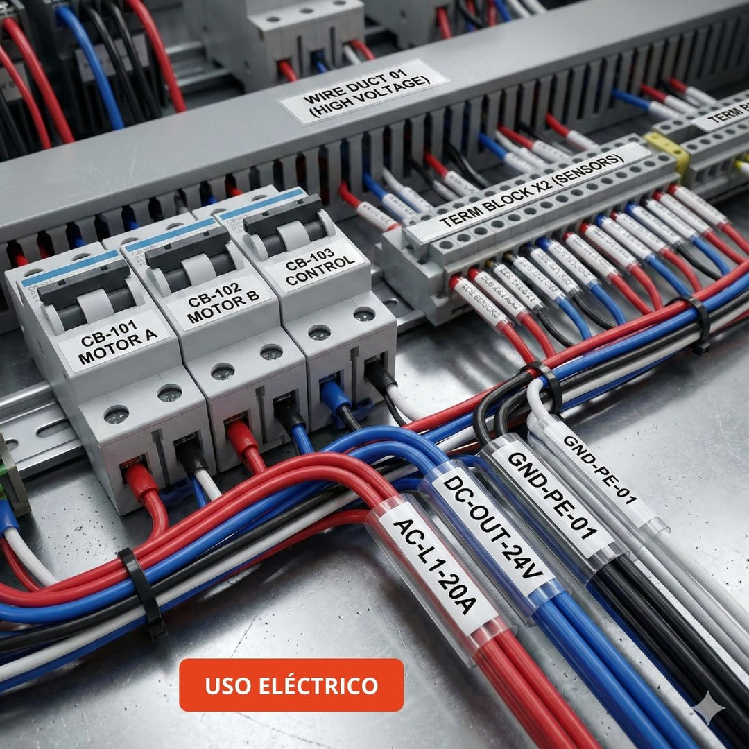 Cinta compatible TZe-231 de 12 mm en uso real, etiquetando cables y breakers en un tablero eléctrico.