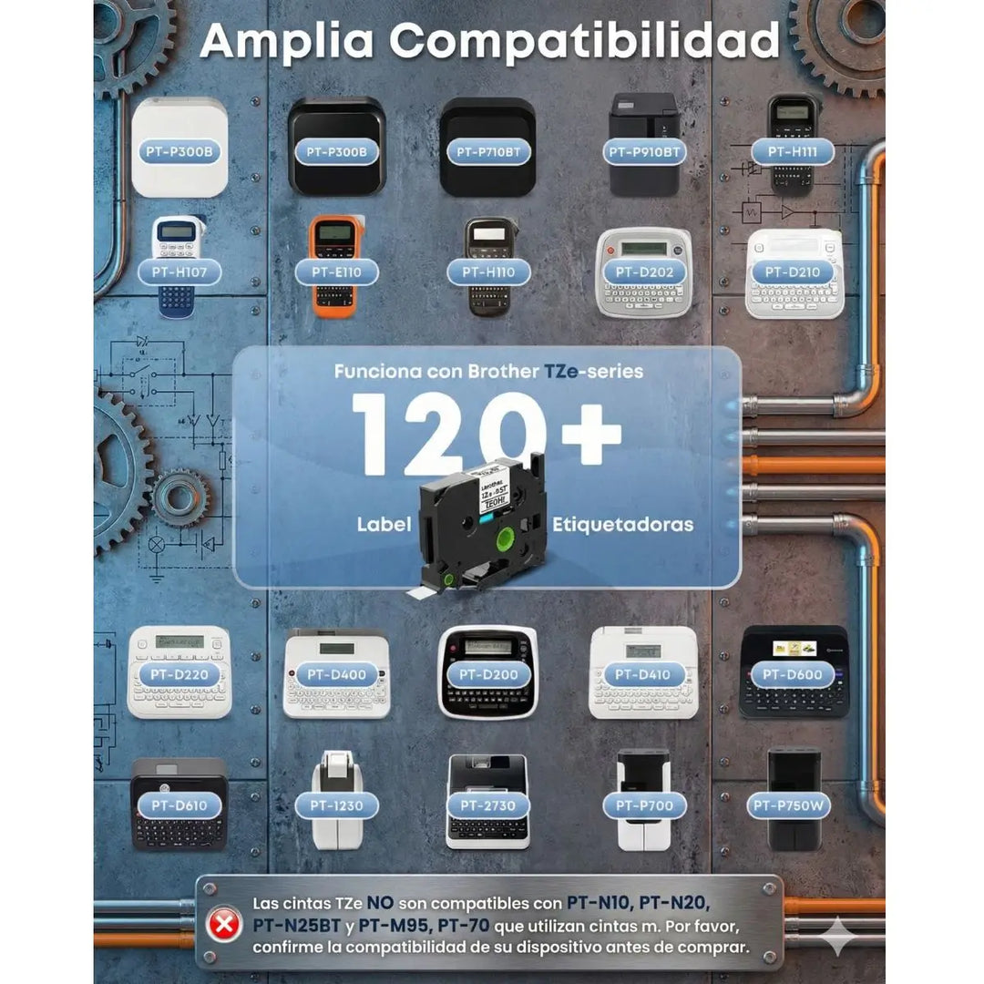Infografía de compatibilidad de la cinta TZe-231 de 12 mm con modelos de etiquetadoras Brother P-Touch.