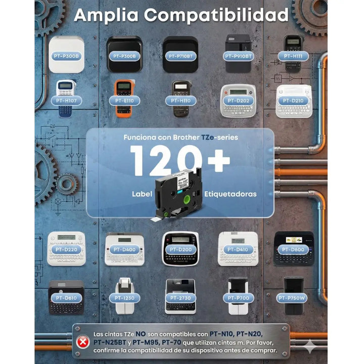 Infografía de compatibilidad de la cinta TZe-231 de 12 mm con modelos de etiquetadoras Brother P-Touch.