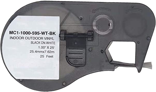 Etiquetas Brady de Vinilo modelo MC1-1000-595-WT-BK - Negro sobre Blanco - 1" X 25" - Exteriores/Interiores - Rollo - Pack x 5