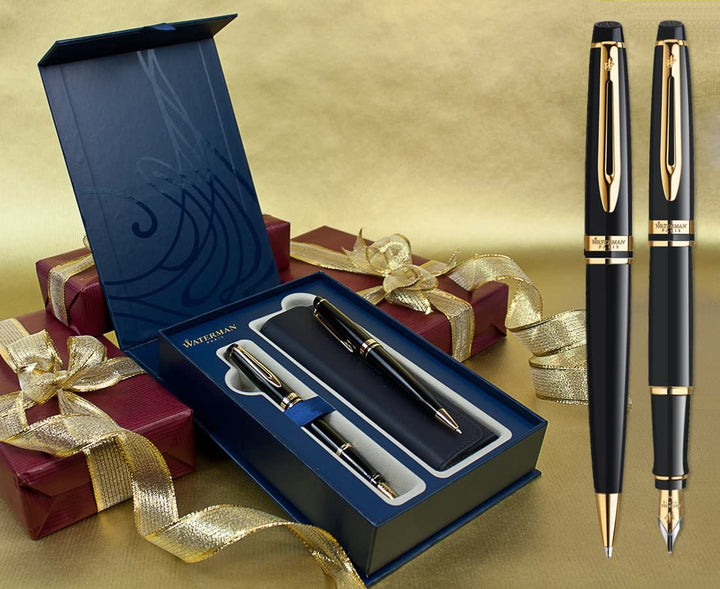 Set Pluma Fuente Y Lapicero Waterman Expert Paris Laca Negra Brillante GT Con Detalles Enchapados En Oro 23KT