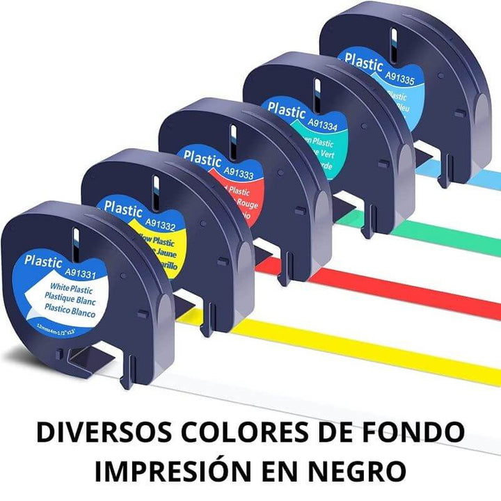 Cinta Etiquetadora Rotuladora Dymo LT LetraTag 12mm x 4m Plástica diversos colores de fondo con impresión en negro