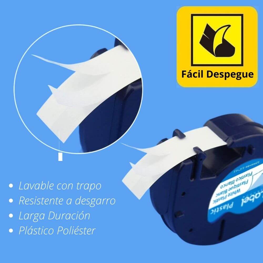 Cinta Etiquetadora Rotuladora Dymo LT LetraTag 12mm x 4m Plástica Blanca 91331 fácil despegue