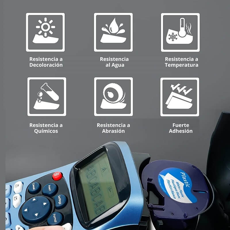 Cinta Etiquetadora Rotuladora Dymo LT LetraTag 12mm x 4m Plástica Blanca 91331 resistencia decoloración, agua, temperatura, químicos, abrasión, fuerte adhesión