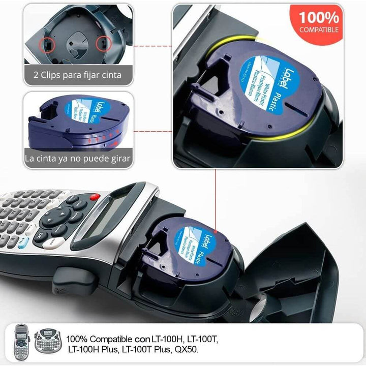 Cinta Etiquetadora Rotuladora Dymo LT LetraTag 12mm x 4m Plástica Blanca 91331 fácil de colocar y 100% compatible con LT-100H, LT-100T, LT-100H Plus, LT-100T Plus, QX50