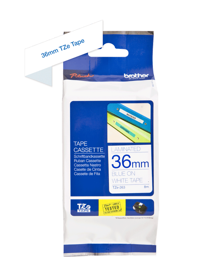 Brother TZE-263 - KZE-263 Cinta Fondo Blanco Letras Azules - 36mm para Rotuladora Brother PT Series