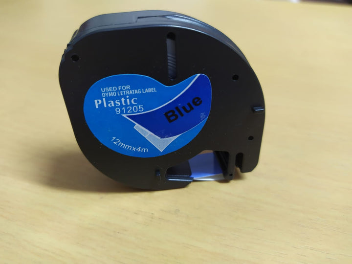 Cinta 91205 / 91335 12mm (1/2") Negro sobre Azul Plástica Compatible Etiquetadora Dymo LetraTag 100H NeoLabel