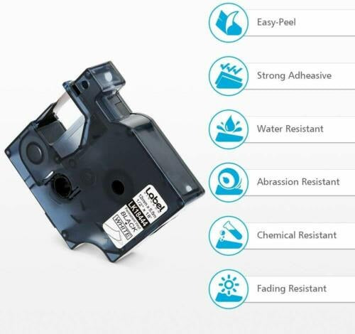 Cinta para Etiquetadora Dymo 1/2" x 5.5m Fondo Blanco Letras Negras de Vinil 18444