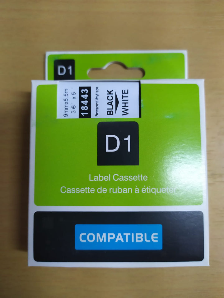 Cinta 18443 9mm (3/8") Negro sobre Blanco Vinil Compatible Rotuladora Dymo Rhino 4200, 5200 NeoLabel