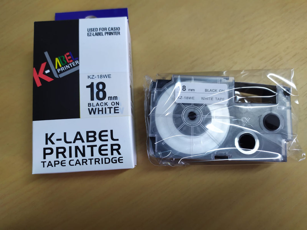Cinta para Etiquetadora Rotuladora Casio it XR-18WE1 - KZ-18WE 18mm Negro sobre Blanco