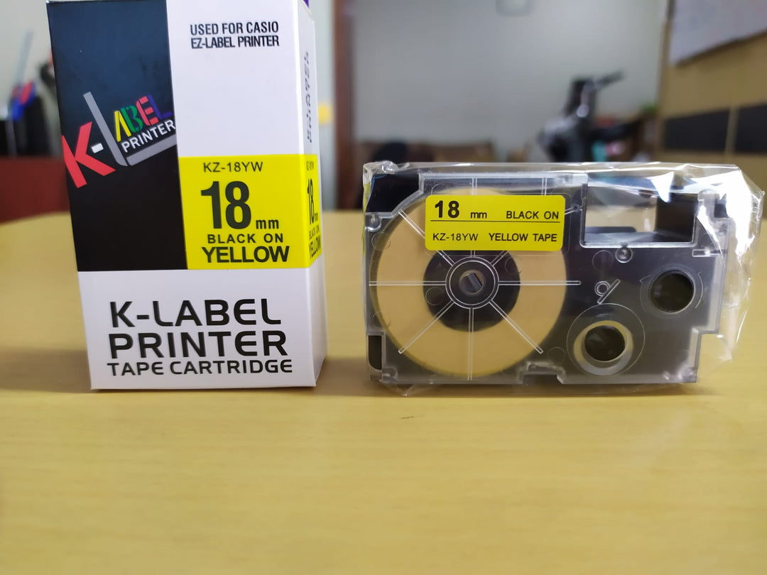 Cinta para Etiquetadora Rotuladora Casio LT XR-18YW1 18mm Negro sobre Amarillo
