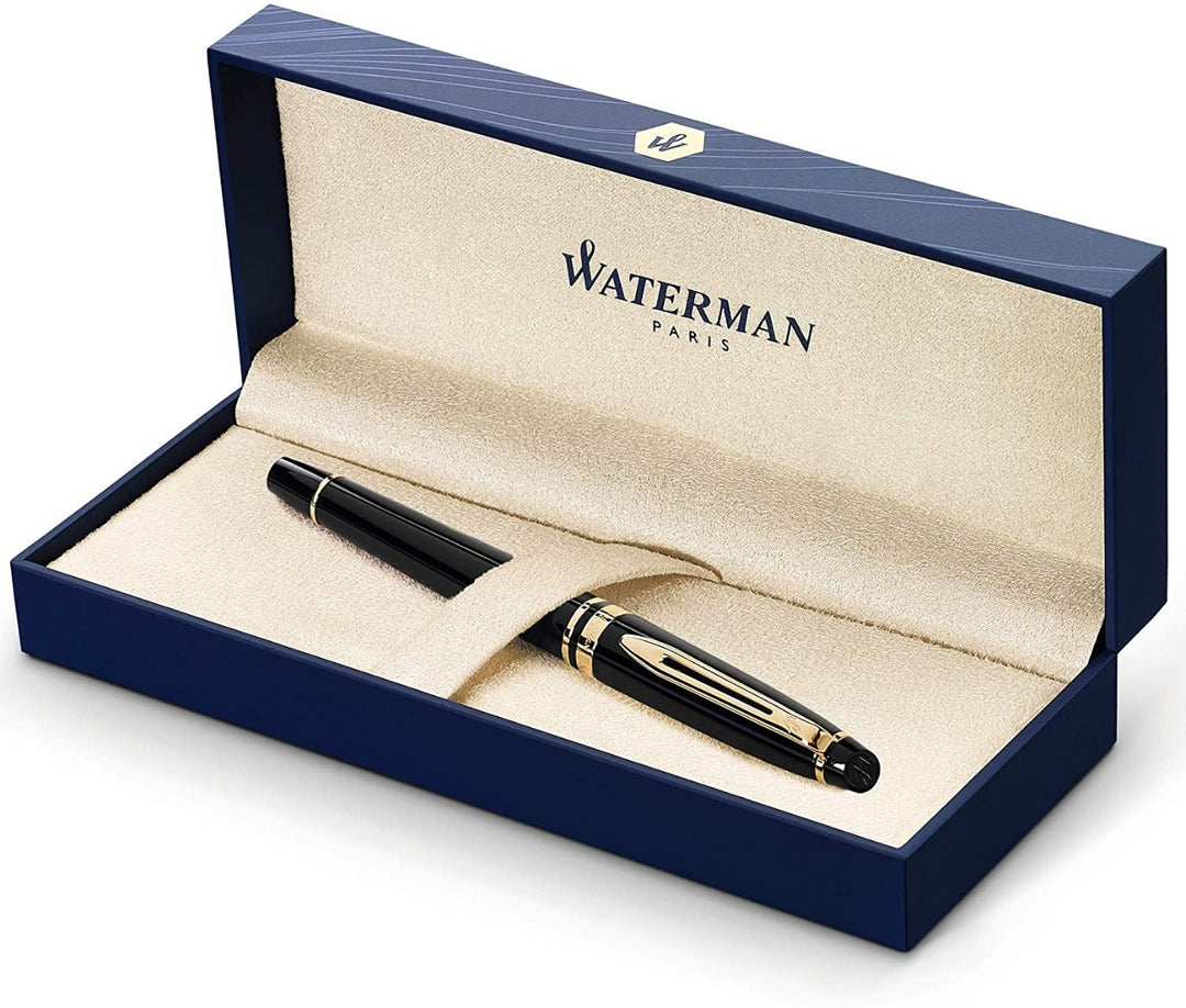 Pluma Fuente Waterman Expert Paris Laca Negra Brillante GT Con Detalles Enchados En Oro 23KT