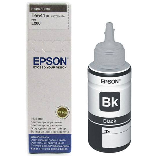 Tinta Epson Continua Original T664120-AL Negro 70ml en botella Impresoras Epson compatibles: Ecotank L100, L101, L200, L201, L210, L211, L220, L301, L310, L351, L353, L355, L358, L365, L375, L380, L395, L455, L475, L495, L551, L555, L565, L575, L800, L801, L1300