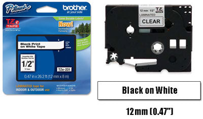 Cinta para etiquetadora Brother PT-E550W de 12mm x 8m - TZe231 Negro sobre Blanco