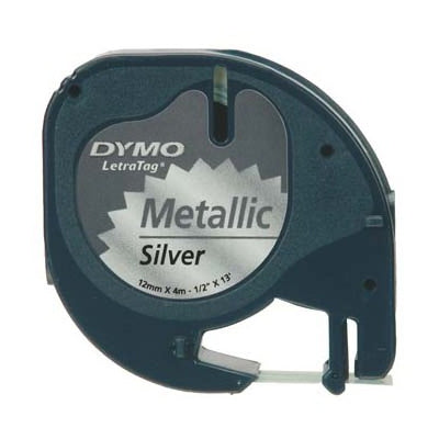 Cinta 91208 / 91338 12mm (1/2") Negro sobre Plateado Metálico Plástica Compatible Etiquetadora Dymo LetraTag 100H NeoLabel
